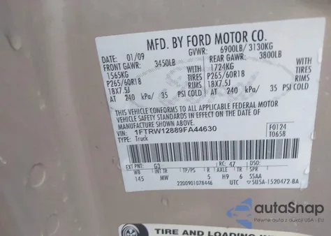 2009 Ford F-150 Xlt z USA, uszkodzony, nr VIN 1FTRW12889FA44630